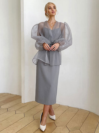 Shirt For Women Gray Stretch Pleated Lace Up V-Neck Casual Long Sleeves Tulle Tops