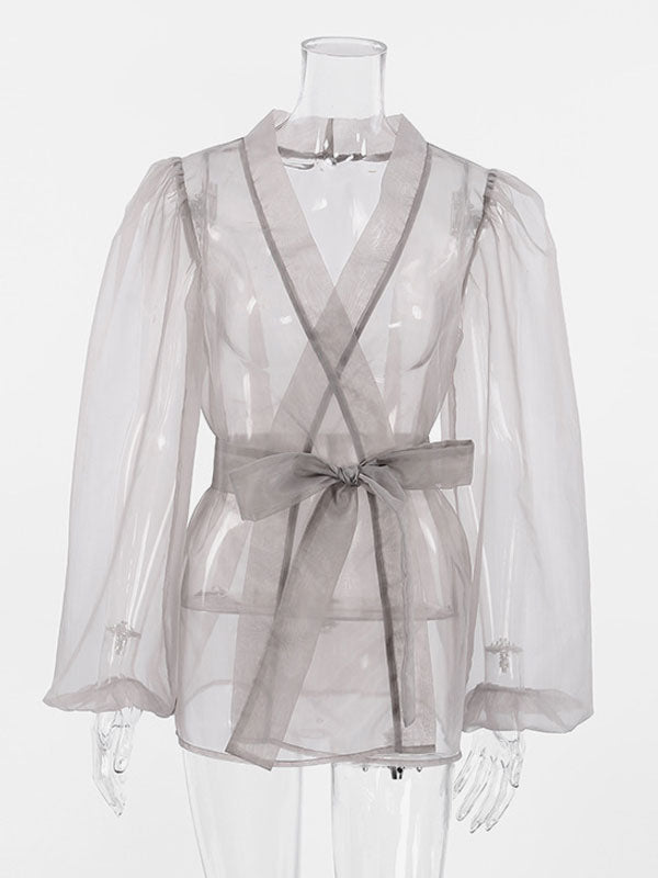 Shirt For Women Gray Stretch Pleated Lace Up V-Neck Casual Long Sleeves Tulle Tops