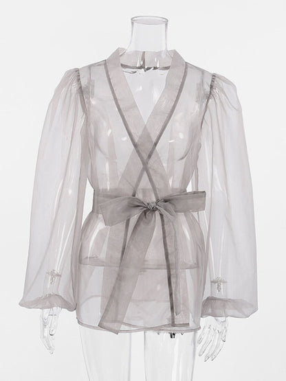 Shirt For Women Gray Stretch Pleated Lace Up V-Neck Casual Long Sleeves Tulle Tops