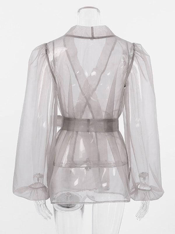 Shirt For Women Gray Stretch Pleated Lace Up V-Neck Casual Long Sleeves Tulle Tops