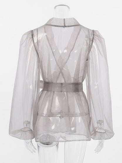 Shirt For Women Gray Stretch Pleated Lace Up V-Neck Casual Long Sleeves Tulle Tops