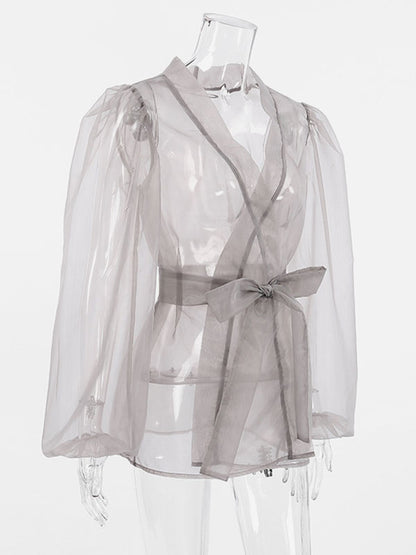 Shirt For Women Gray Stretch Pleated Lace Up V-Neck Casual Long Sleeves Tulle Tops