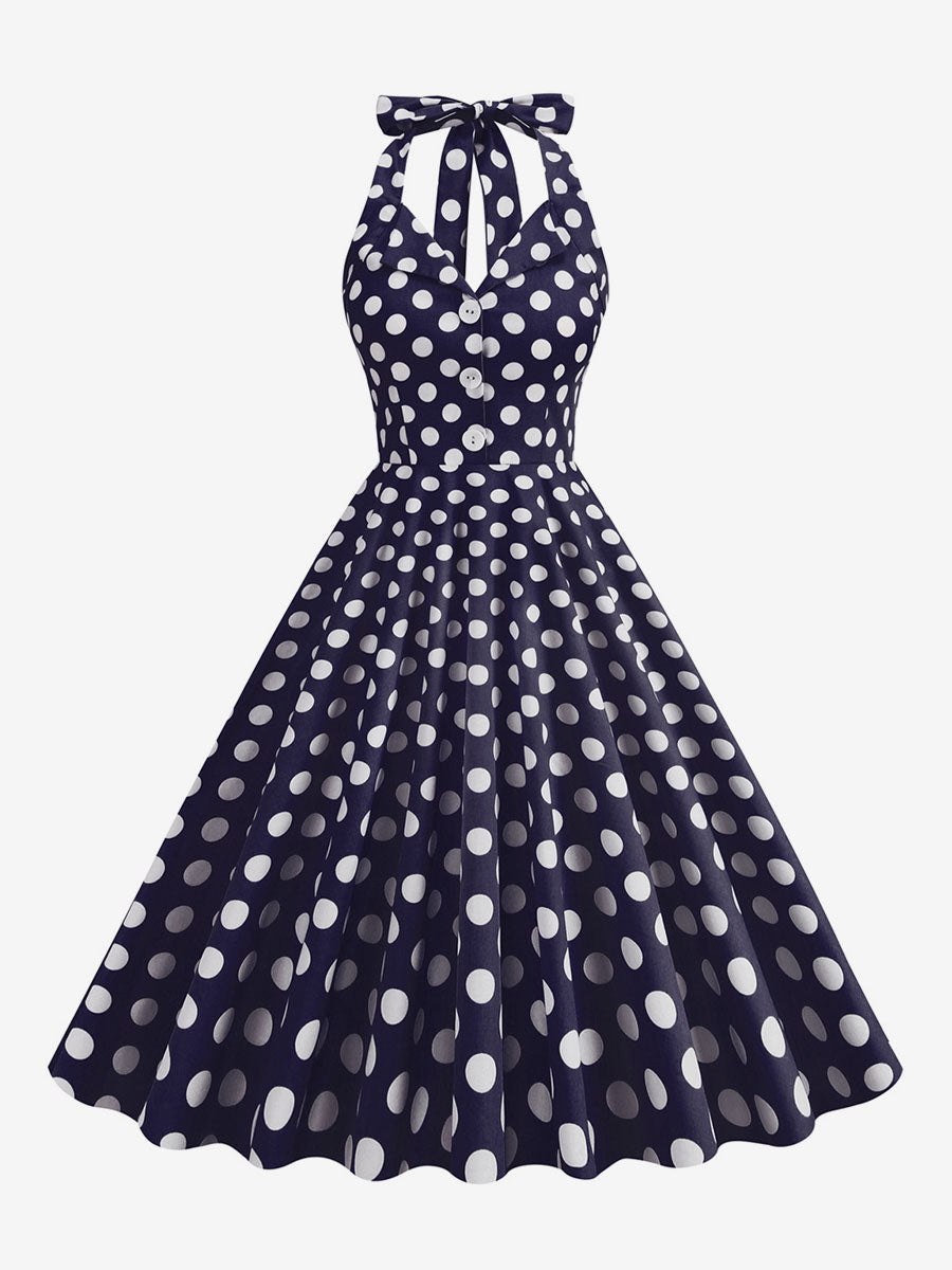 Vintage 1950s Polka Dot Midi Swing Dress for Women - Halter Neck A-Line Rockabilly Pinup Sun Dress - Holiday Picnic 2026