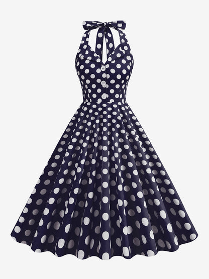 Vintage 1950s Polka Dot Midi Swing Dress for Women - Halter Neck A-Line Rockabilly Pinup Sun Dress - Holiday Picnic 2026