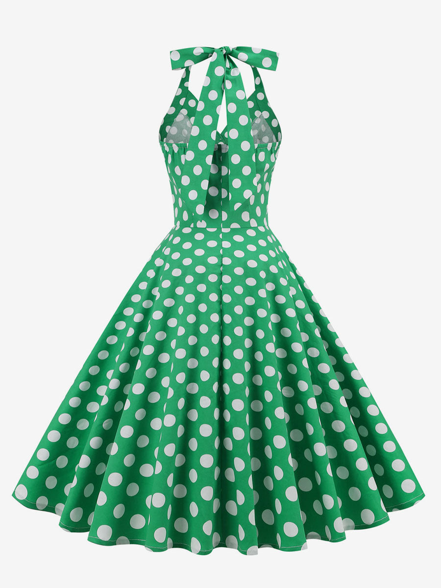 Vintage 1950s Polka Dot Midi Swing Dress for Women - Halter Neck A-Line Rockabilly Pinup Sun Dress - Holiday Picnic 2026