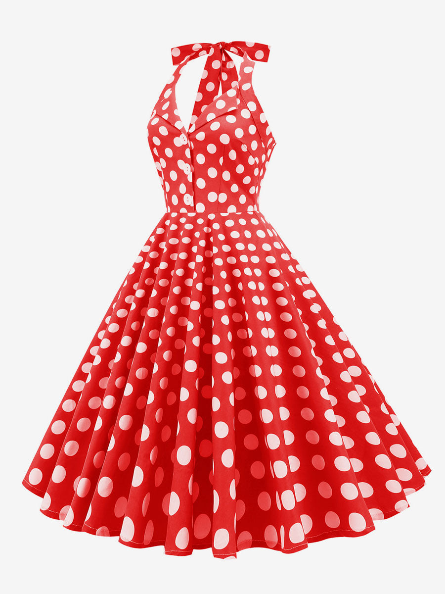 Vintage 1950s Polka Dot Midi Swing Dress for Women - Halter Neck A-Line Rockabilly Pinup Sun Dress - Holiday Picnic 2026
