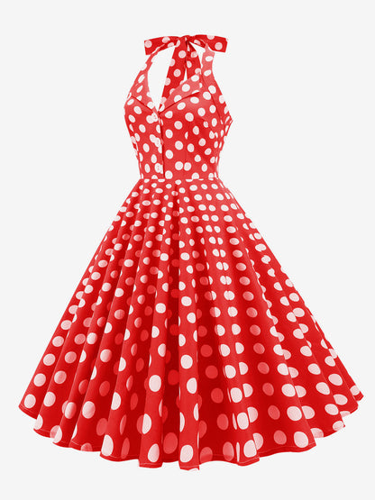 Vintage 1950s Polka Dot Midi Swing Dress for Women - Halter Neck A-Line Rockabilly Pinup Sun Dress - Holiday Picnic 2026