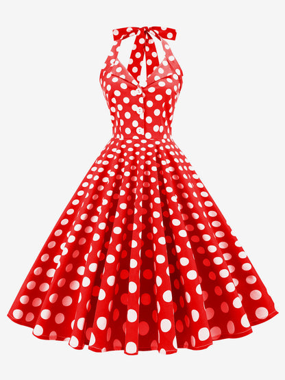 Vintage 1950s Polka Dot Midi Swing Dress for Women - Halter Neck A-Line Rockabilly Pinup Sun Dress - Holiday Picnic 2026