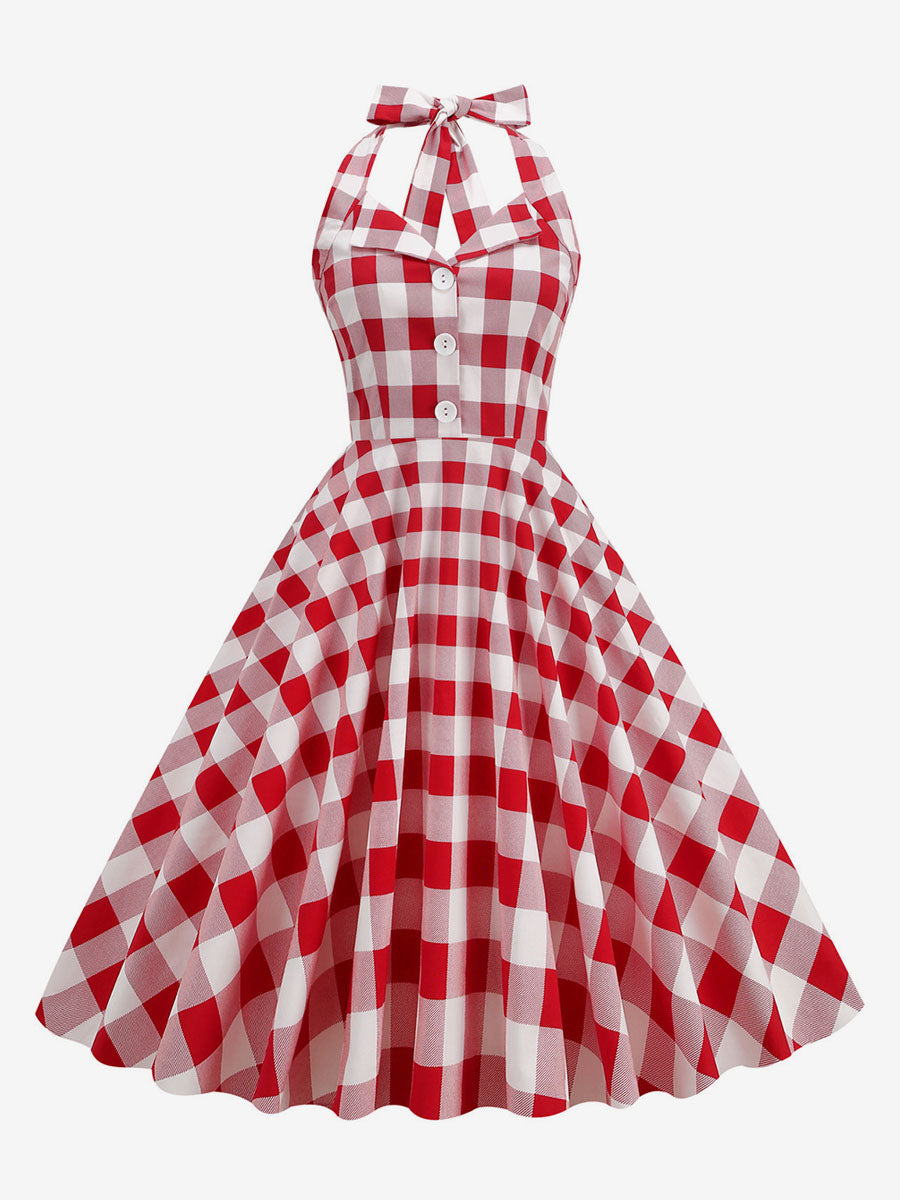 Vintage 1950s Polka Dot Midi Swing Dress for Women - Halter Neck A-Line Rockabilly Pinup Sun Dress - Holiday Picnic 2026