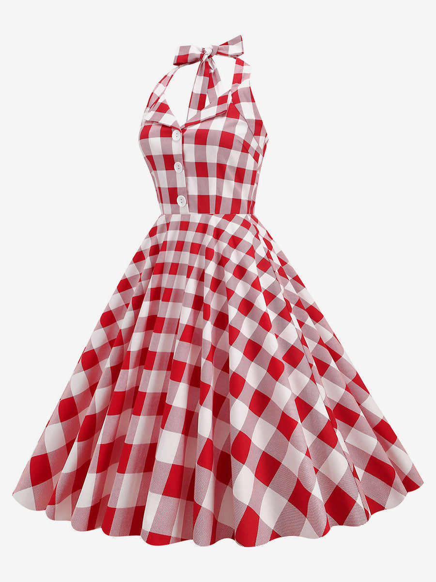 Vintage 1950s Polka Dot Midi Swing Dress for Women - Halter Neck A-Line Rockabilly Pinup Sun Dress - Holiday Picnic 2026