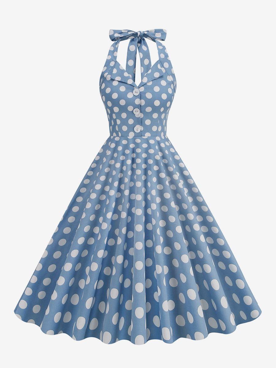 Vintage 1950s Polka Dot Midi Swing Dress for Women - Halter Neck A-Line Rockabilly Pinup Sun Dress - Holiday Picnic 2026
