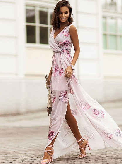 Floral Chiffon Maxi Dress for Women - Flowy V Neck High Slit Wrap Style Date Night Dress - Summer Garden Wedding Guest 2026