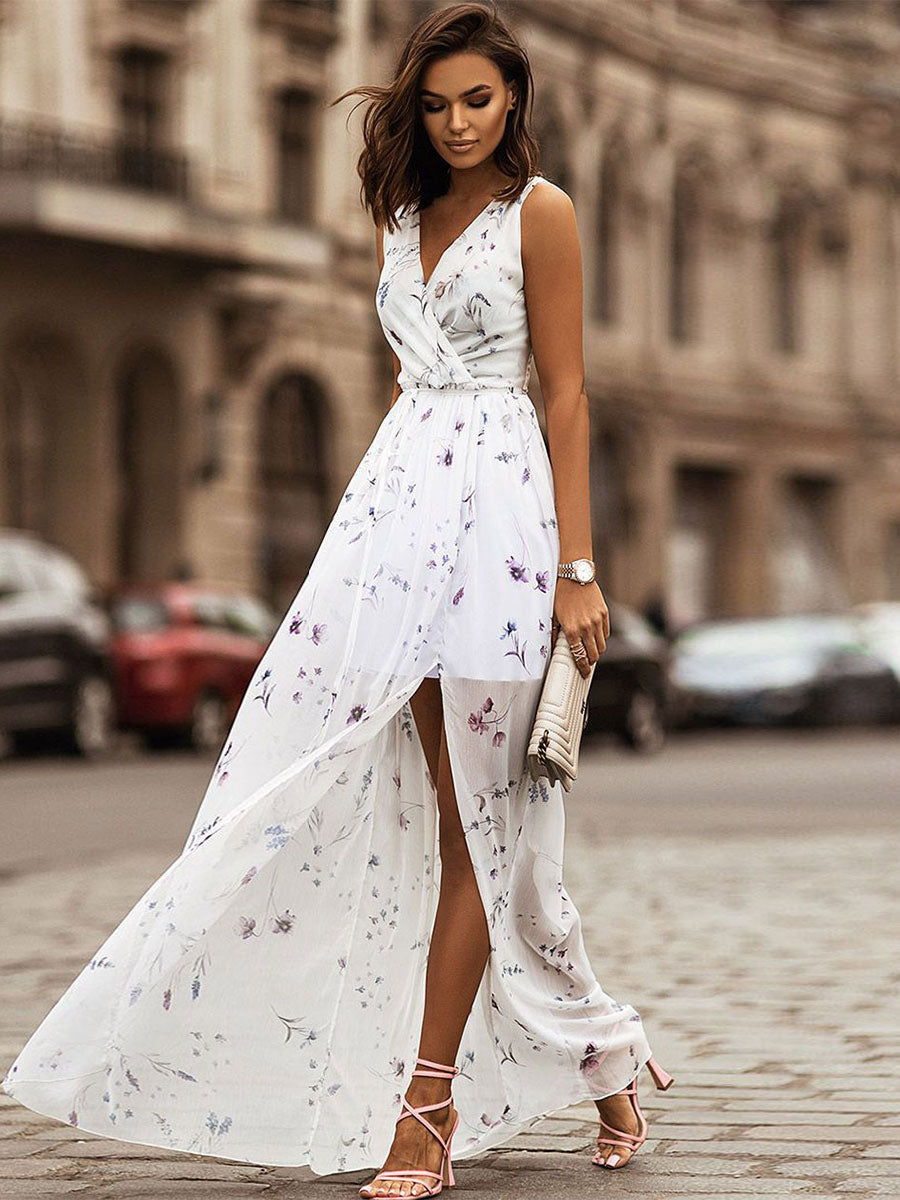Floral Chiffon Maxi Dress for Women - Flowy V Neck High Slit Wrap Style Date Night Dress - Summer Garden Wedding Guest 2026