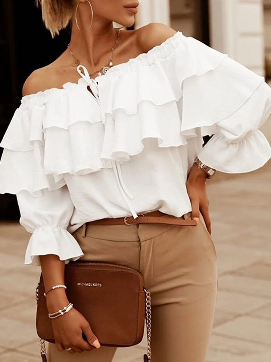 Long Sleeves Tees White Ruffles Bateau Neck Women T Shirt