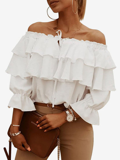 Long Sleeves Tees White Ruffles Bateau Neck Women T Shirt