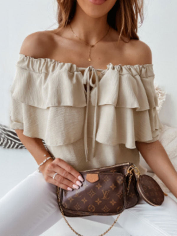 Long Sleeves Tees White Ruffles Bateau Neck Women T Shirt