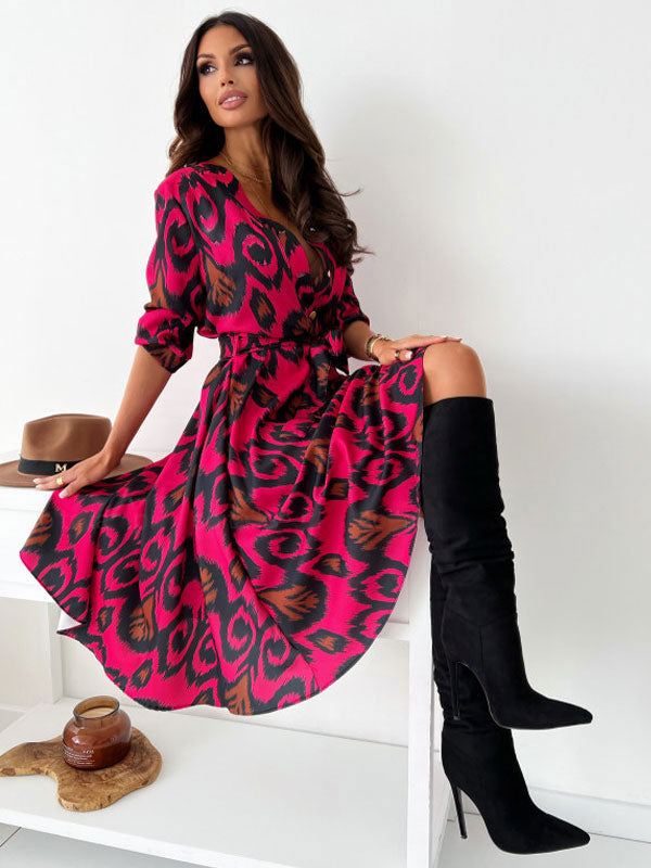 Floral Print Casual Long Sleeves Midi Dress