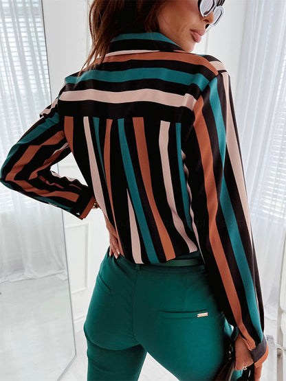 Blouse For Women Dark Green V-Neck Casual Color Block Long Sleeves Tops
