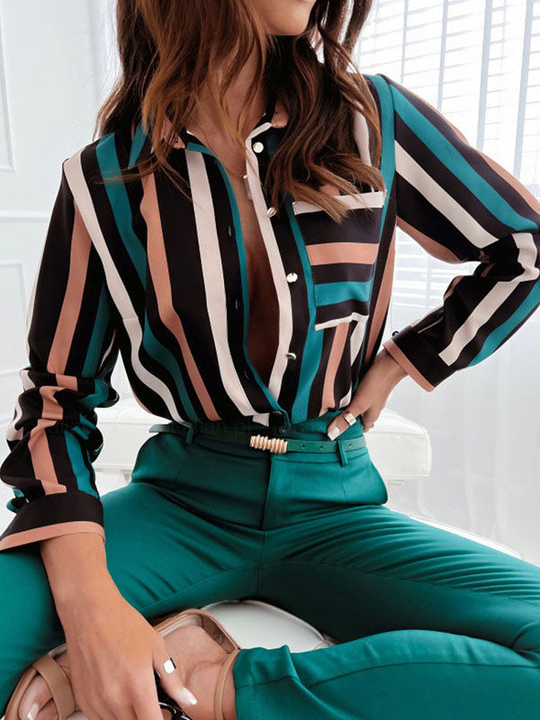 Blouse For Women Dark Green V-Neck Casual Color Block Long Sleeves Tops