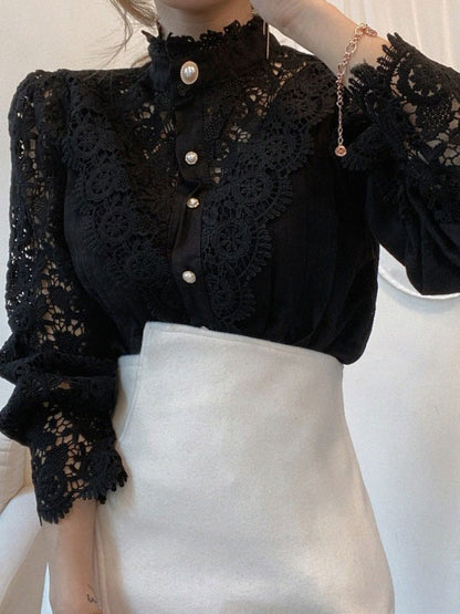 Blouse For Women Pink Lace Cut Out High Collar Casual Long Sleeves Lace Tops