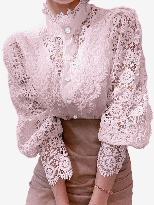 Blouse For Women Pink Lace Cut Out High Collar Casual Long Sleeves Lace Tops