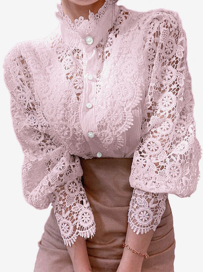 Blouse For Women Pink Lace Cut Out High Collar Casual Long Sleeves Lace Tops