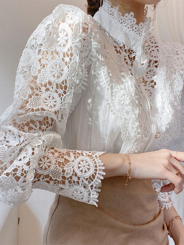 Blouse For Women Pink Lace Cut Out High Collar Casual Long Sleeves Lace Tops