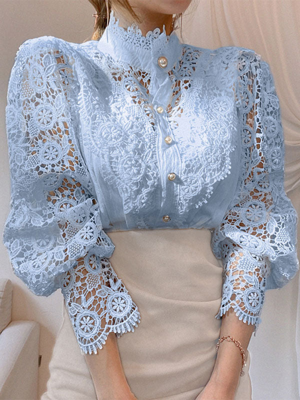 Blouse For Women Pink Lace Cut Out High Collar Casual Long Sleeves Lace Tops