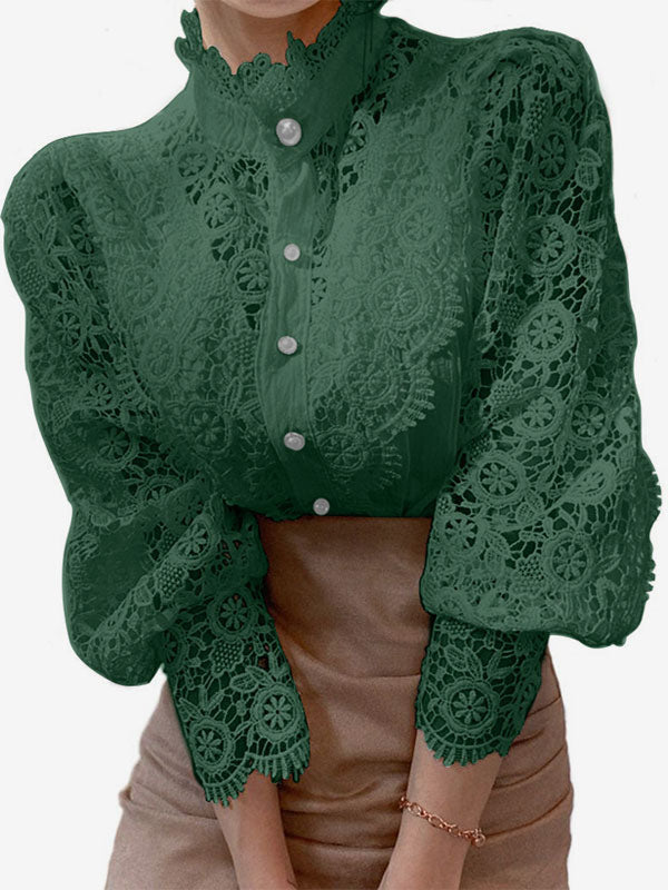 Blouse For Women Pink Lace Cut Out High Collar Casual Long Sleeves Lace Tops