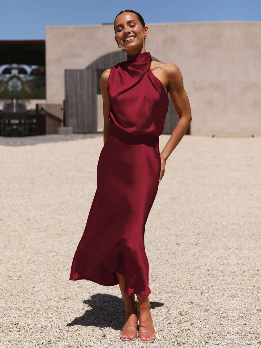 Stain Midi Party Dress Halter Sleeveless Bridesmaid Dress In Burgundy