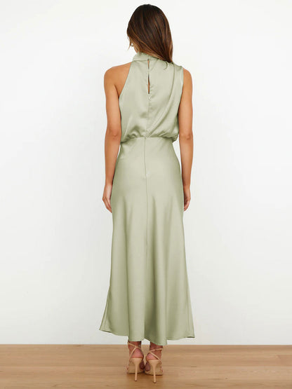 Stain Midi Party Dress Halter Sleeveless Bridesmaid Dress In Burgundy