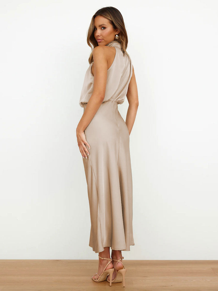 Stain Midi Party Dress Halter Sleeveless Bridesmaid Dress In Burgundy