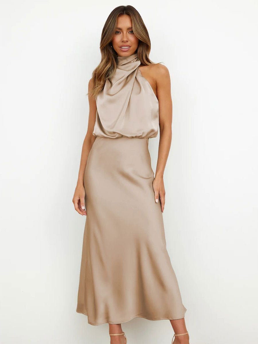 Stain Midi Party Dress Halter Sleeveless Bridesmaid Dress In Burgundy