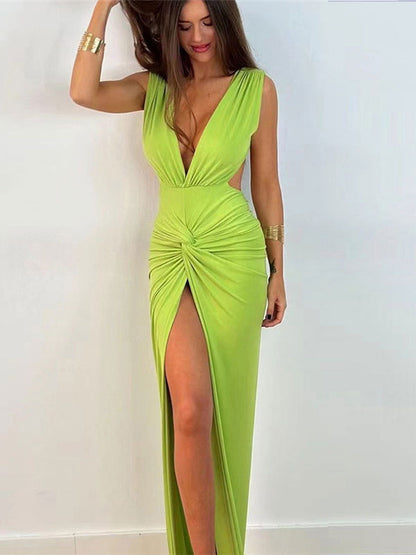 Maxi Dress V-Neck Sleeveless Sexy High-slit Pleated Floor Length Dress