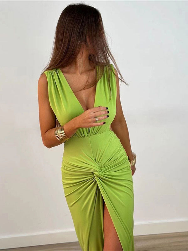 Maxi Dress V-Neck Sleeveless Sexy High-slit Pleated Floor Length Dress