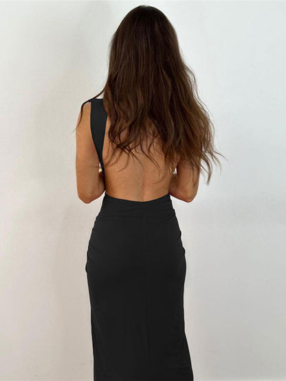 Maxi Dress V-Neck Sleeveless Sexy High-slit Pleated Floor Length Dress