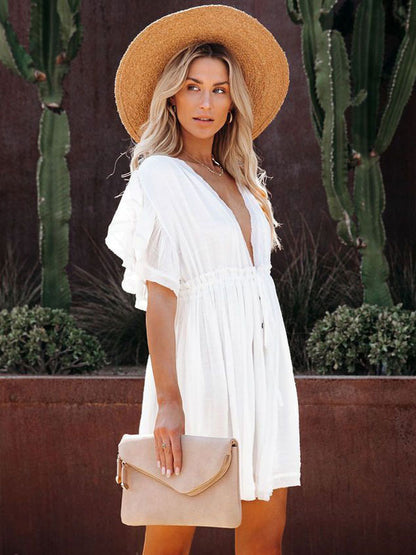 Boho Chic Women Babydoll Mini Dress - Ruffle Sleeve V Neck Button Front - Summer Beach Resort 2026