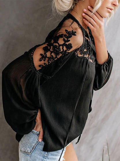 Blouse For Women White Sheer Flowers Embroidered Bohemian Long Sleeves Tops
