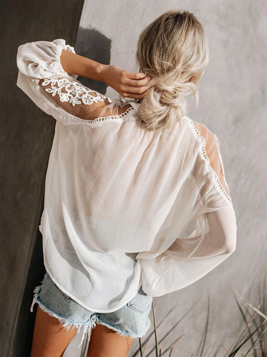 Blouse For Women White Sheer Flowers Embroidered Bohemian Long Sleeves Tops