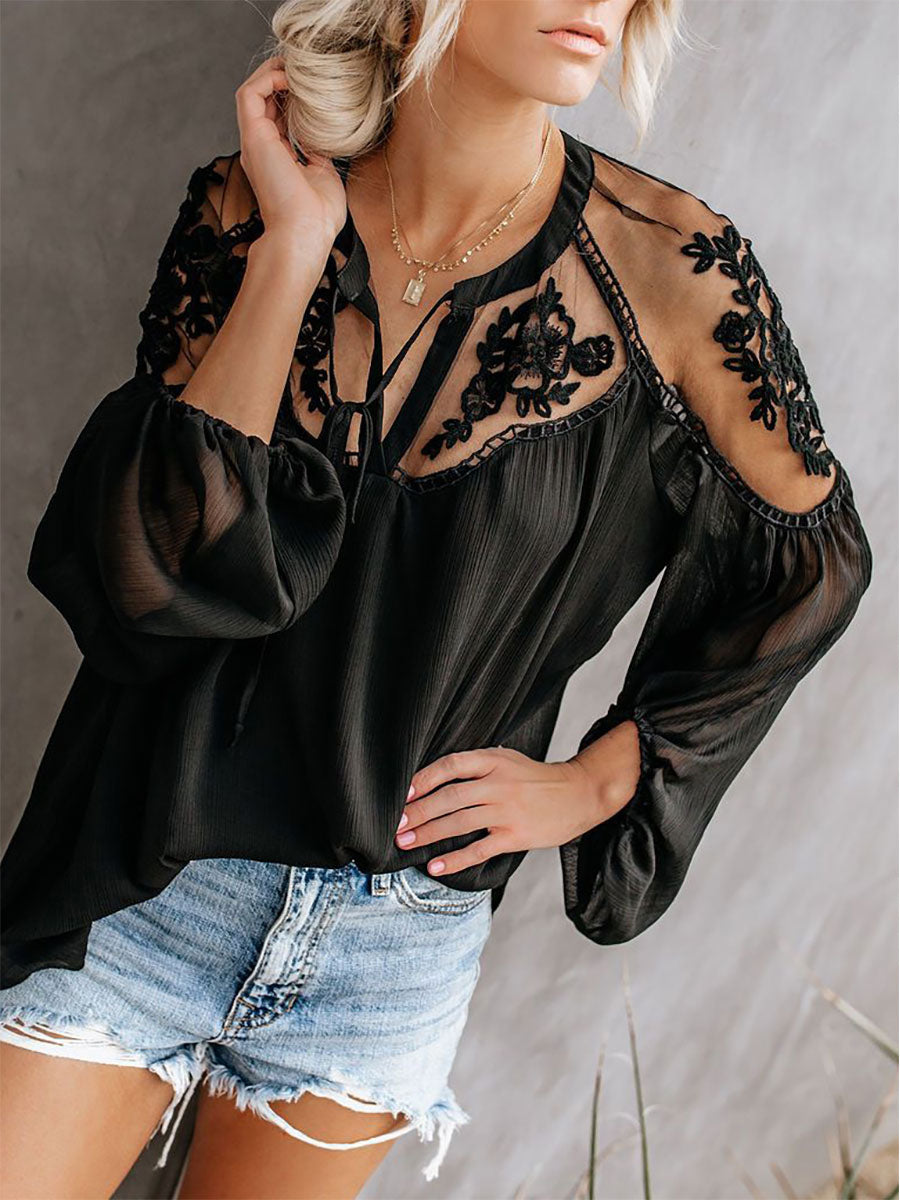 Blouse For Women White Sheer Flowers Embroidered Bohemian Long Sleeves Tops