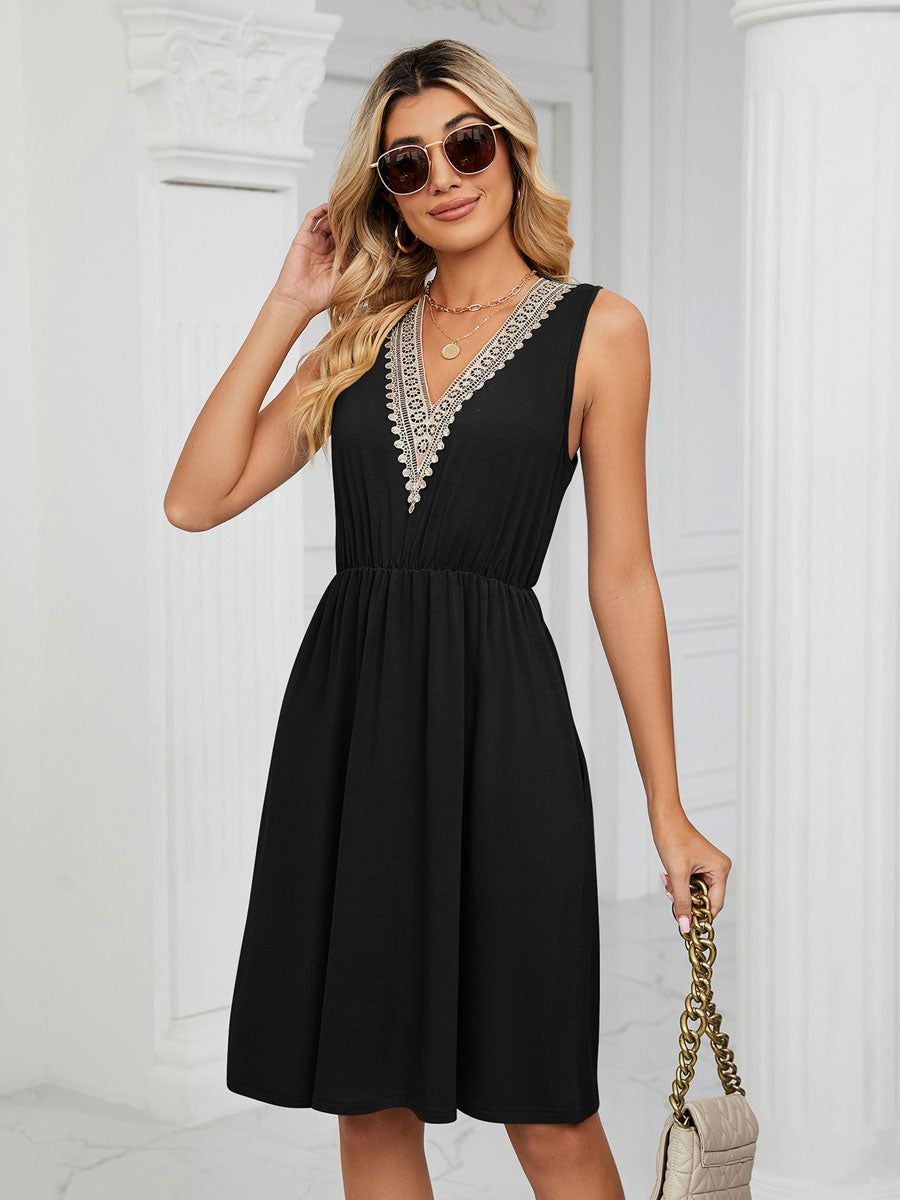 Lace V Neck Midi Dress for Women - Sleeveless A-Line Swing Sundress with Pockets - Summer Daily Casual 2026