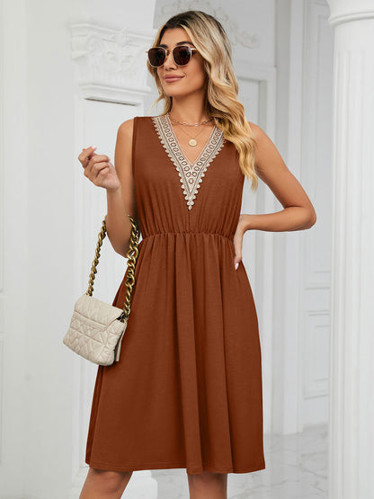 Lace V Neck Midi Dress for Women - Sleeveless A-Line Swing Sundress with Pockets - Summer Daily Casual 2026