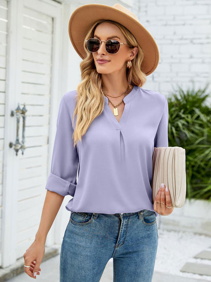 Long Sleeves Tees White Chiffon V-Neck Women T Shirt