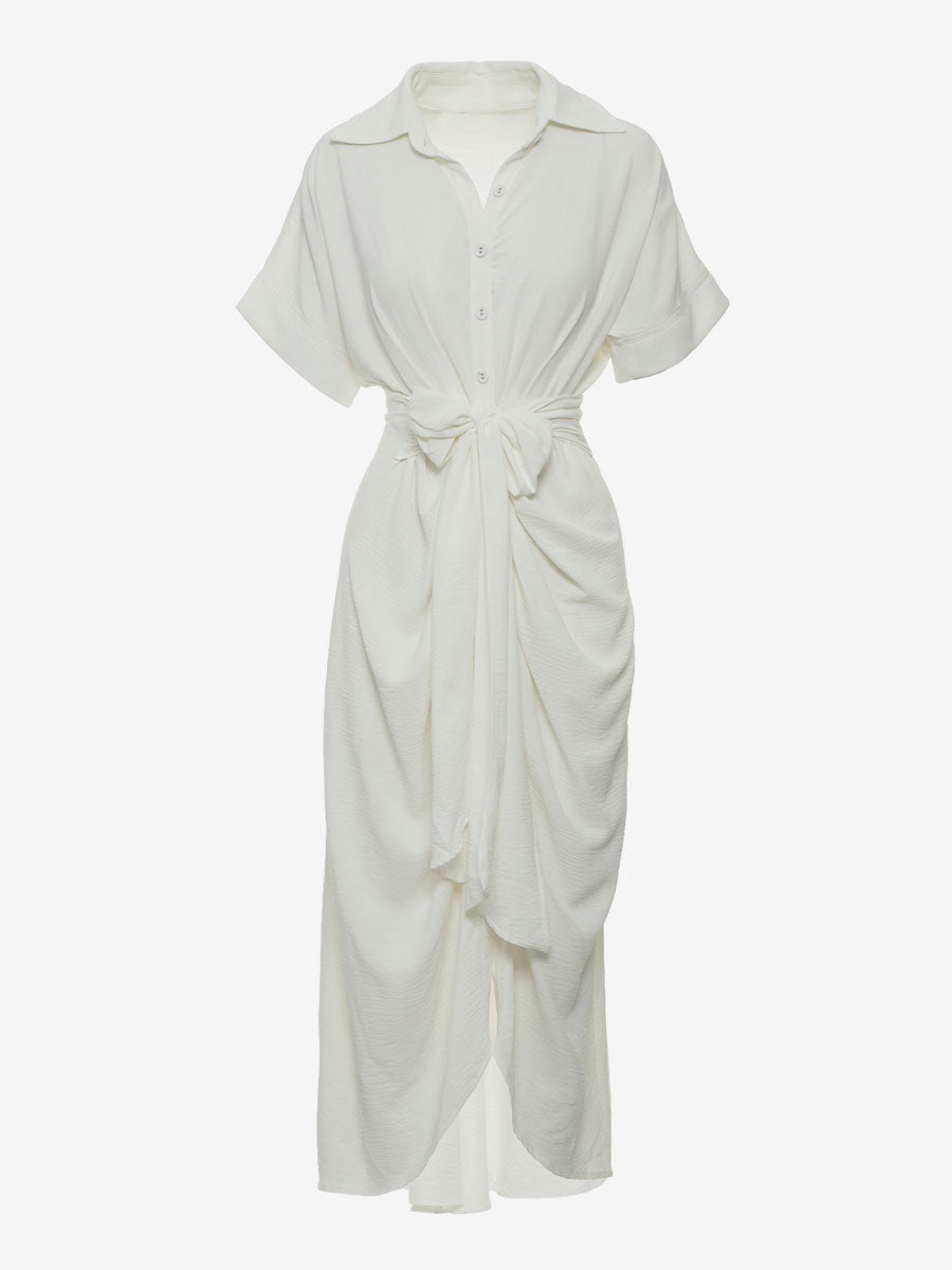 Shirt Midi Dress Pink Turndown Collar Pleated Short Sleeves Layered Dresses