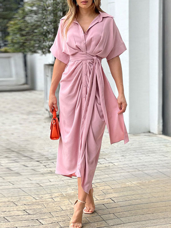 Shirt Midi Dress Pink Turndown Collar Pleated Short Sleeves Layered Dresses