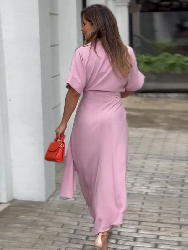 Shirt Midi Dress Pink Turndown Collar Pleated Short Sleeves Layered Dresses