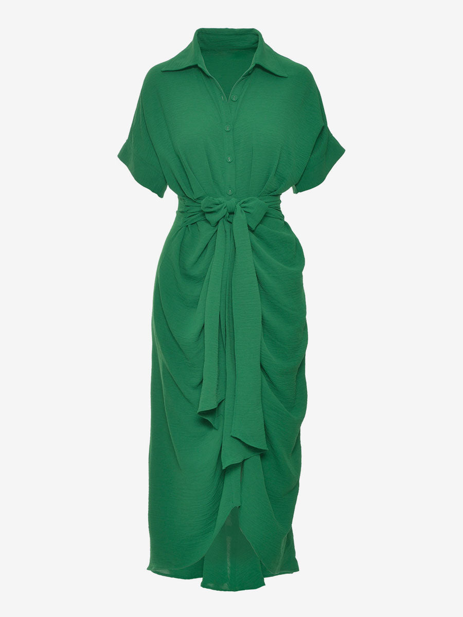 Shirt Midi Dress Pink Turndown Collar Pleated Short Sleeves Layered Dresses