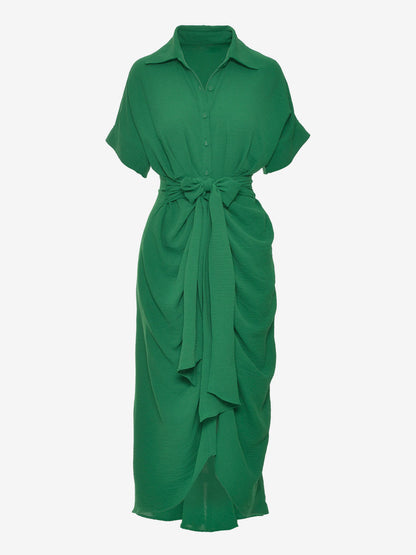 Shirt Midi Dress Pink Turndown Collar Pleated Short Sleeves Layered Dresses