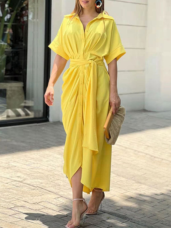 Shirt Midi Dress Pink Turndown Collar Pleated Short Sleeves Layered Dresses