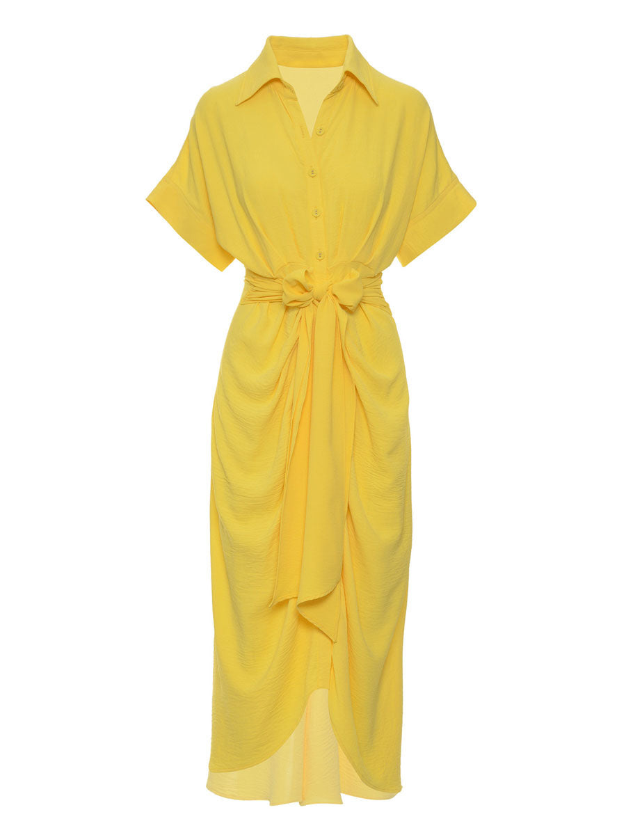 Shirt Midi Dress Pink Turndown Collar Pleated Short Sleeves Layered Dresses